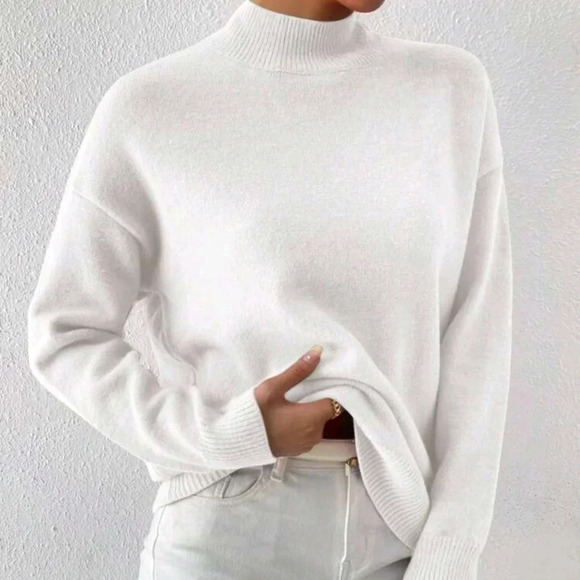 Women's Solid Color Cowl Neck Dropped Shoulder Long Sleeve Casual Sweater - Picture 5 of 5